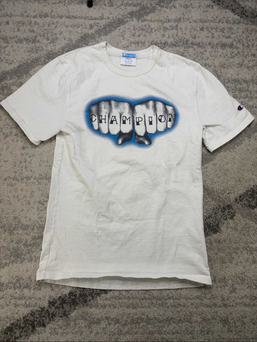 Vintage Champion White Short Sleeve Tee with Blue Knuckle Graphic